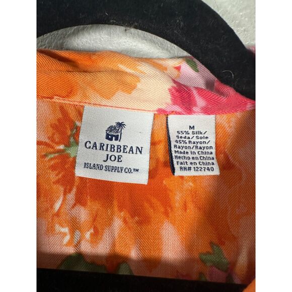 Caribbean Joe Silk Floral Pink Orange Button Short Sleeve Blouse Size Medium - Picture 2 of 4